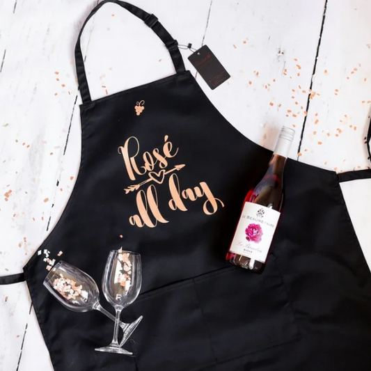 Apron-Rose all Day - Single Apron with a Single Bottle and with two Glasses